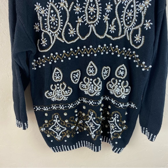 Vintage 80s oversized Margules Black pearl bead embellished tunic sweater large - Picture 3 of 12